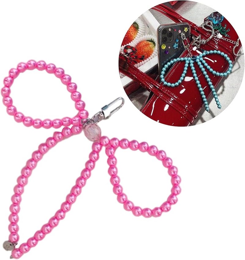 White Beaded Bowknot Phone Pendant Fashion Mobile Phone Bag Charm Decor - Image 2